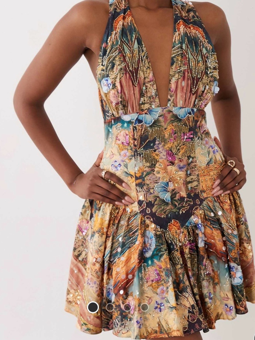 ASOS LUXE EMBELLISHED HALTER NECK MINI DRESS IN SCENIC PRINT